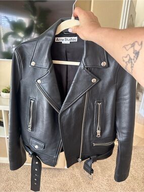 Acne Studios Black Leather Biker Jacket with Silver Hardware